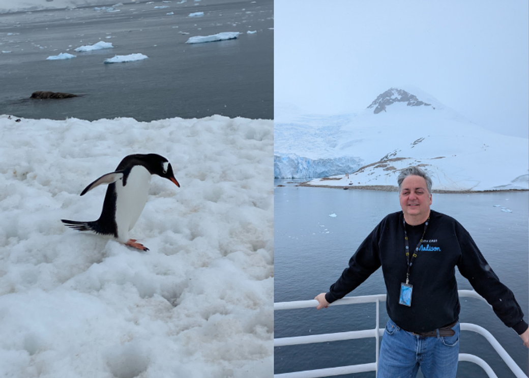 A penguin on snow and a man on a ship. 