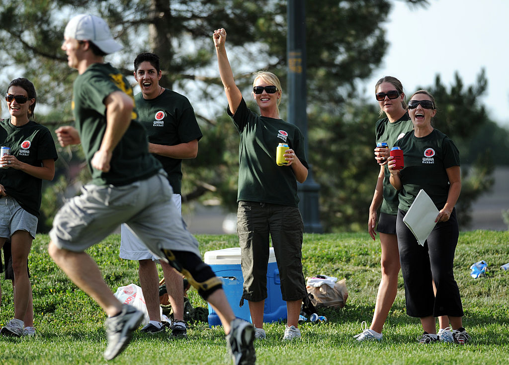 Denverites enjoying a game of kickball at Cuernavaca Park. (Hyoung Chang / Denver Post / Getty Images)