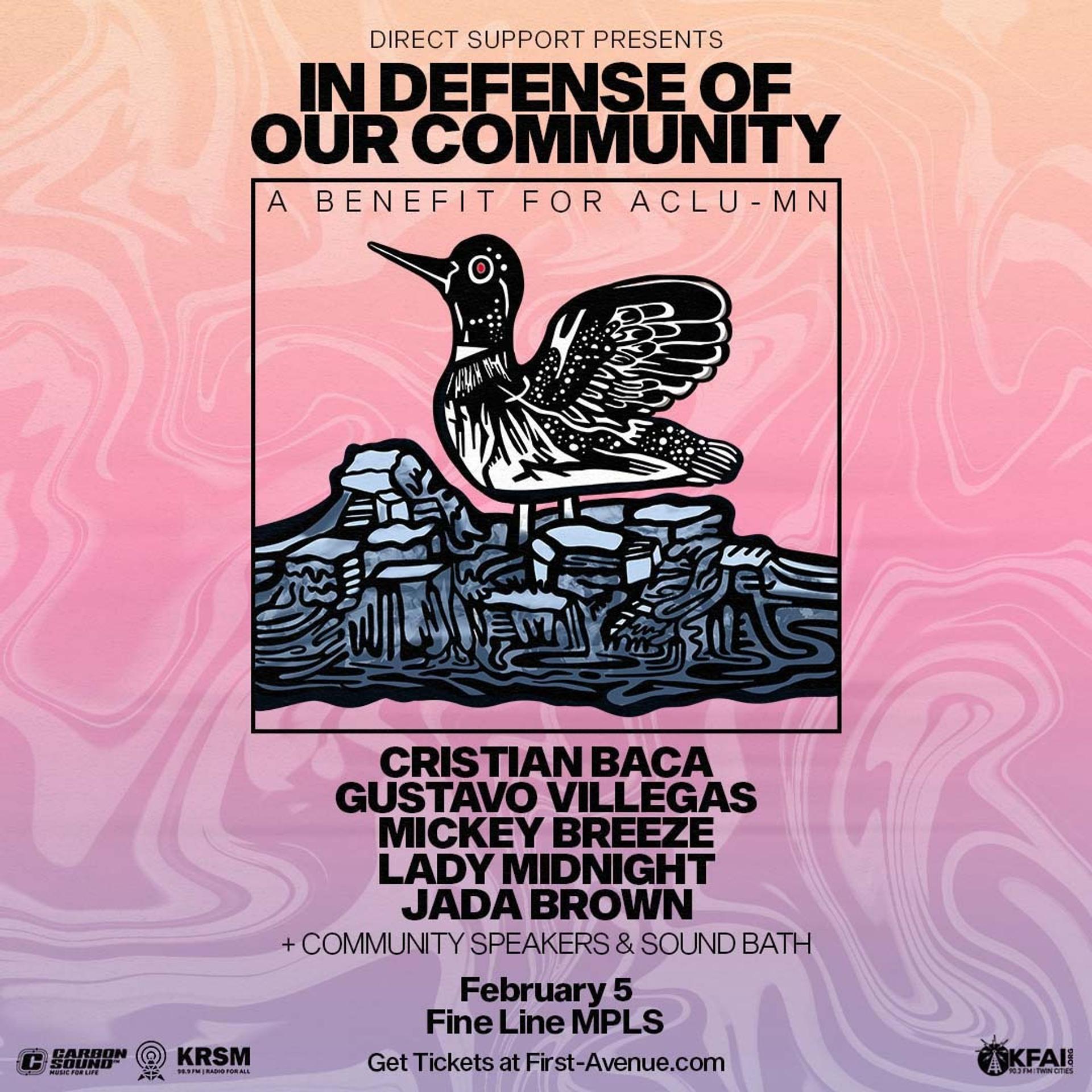 A flyer, the background is tie dye with peach, pink, and purple. The design is a a bird. The names on the flyer are Cristian Baca, Gustavo Villegas, Mickey Breeze, Lady Midnight, and Jada Brown