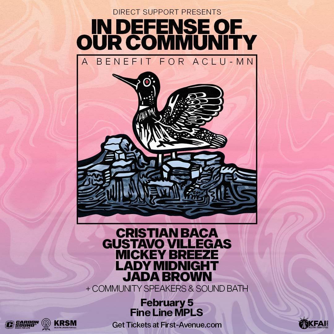 A flyer, the background is tie dye with peach, pink, and purple. The design is a a bird. The names on the flyer are Cristian Baca, Gustavo Villegas, Mickey Breeze, Lady Midnight, and Jada Brown