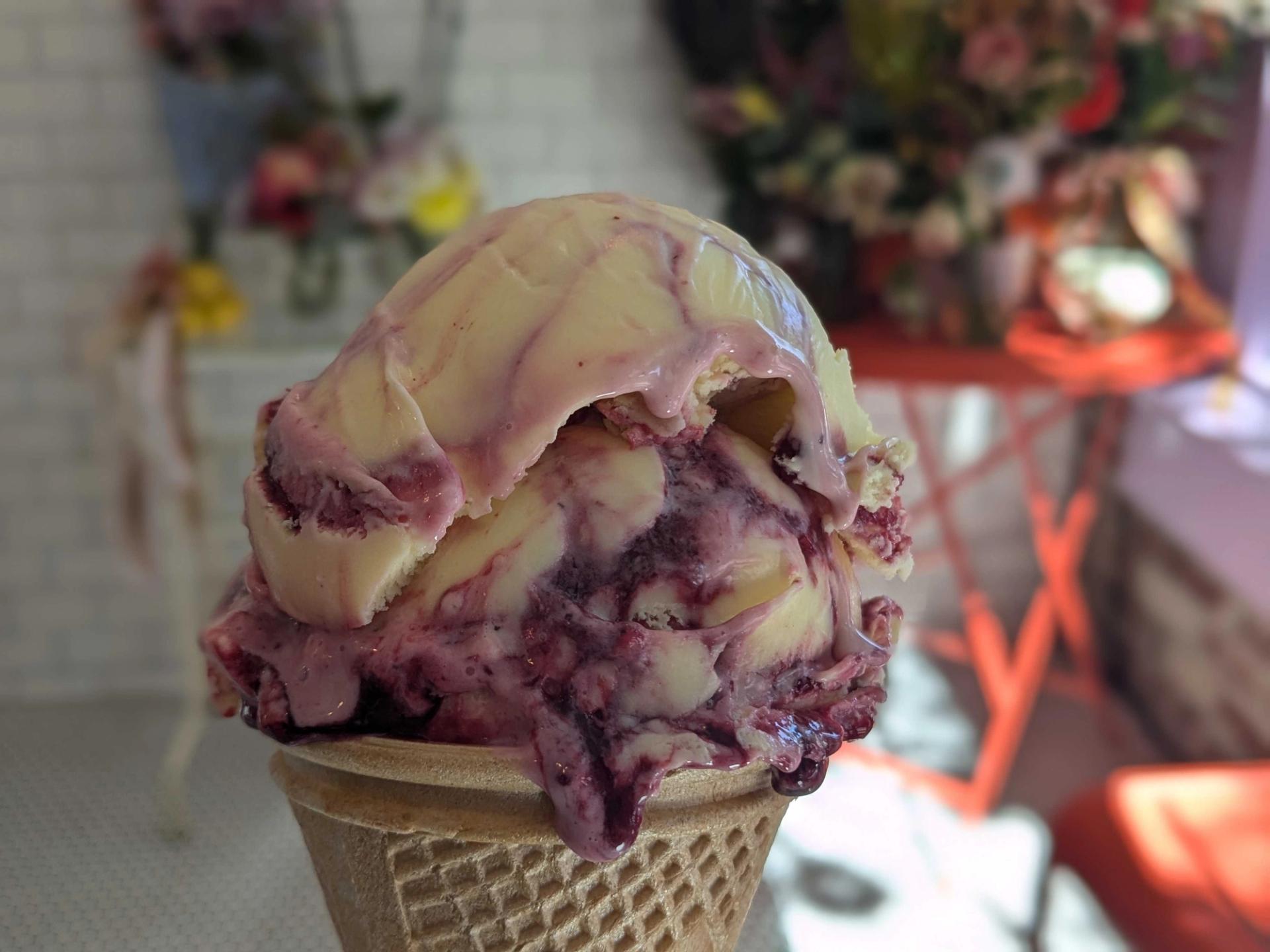 scoop of fruit ice cream, with flowers in the background. Cornet Custard, Portland, Oregon