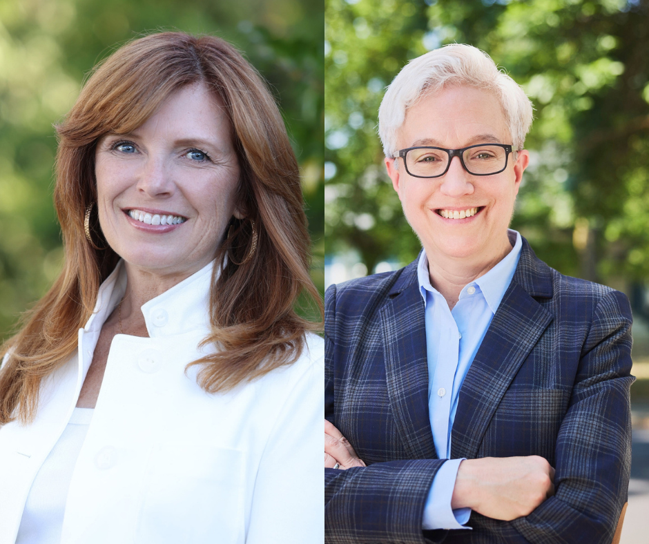 Portraits of two women. Left long red hair and gold loop earrings; right white hair and glasses