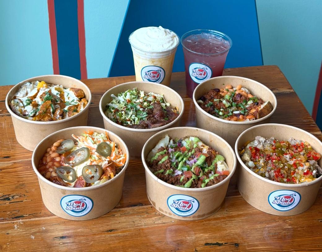 Bowls of different loaded jacket potato combinations