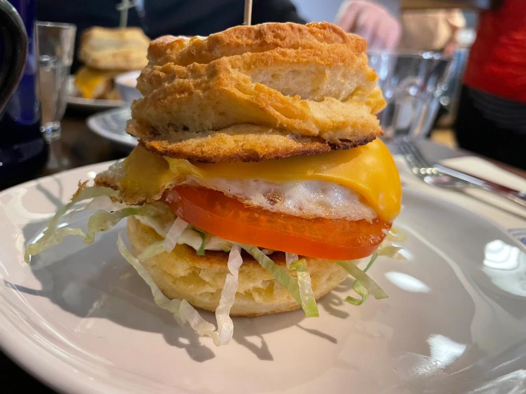 A delectable biscuit breakfast sandwich from Oak Hill Post in Brookline. (Francesca Dabecco / City Cast Pittsburgh)
