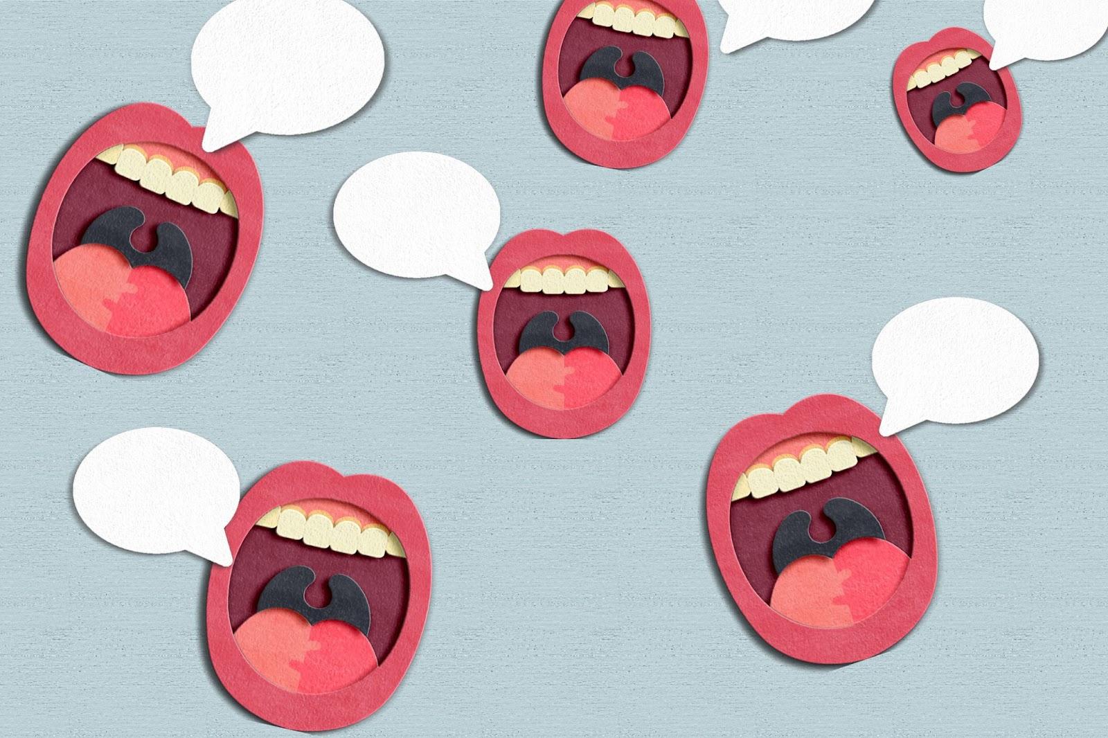 Illustration of several mouths agape with speech bubbles coming out of them.