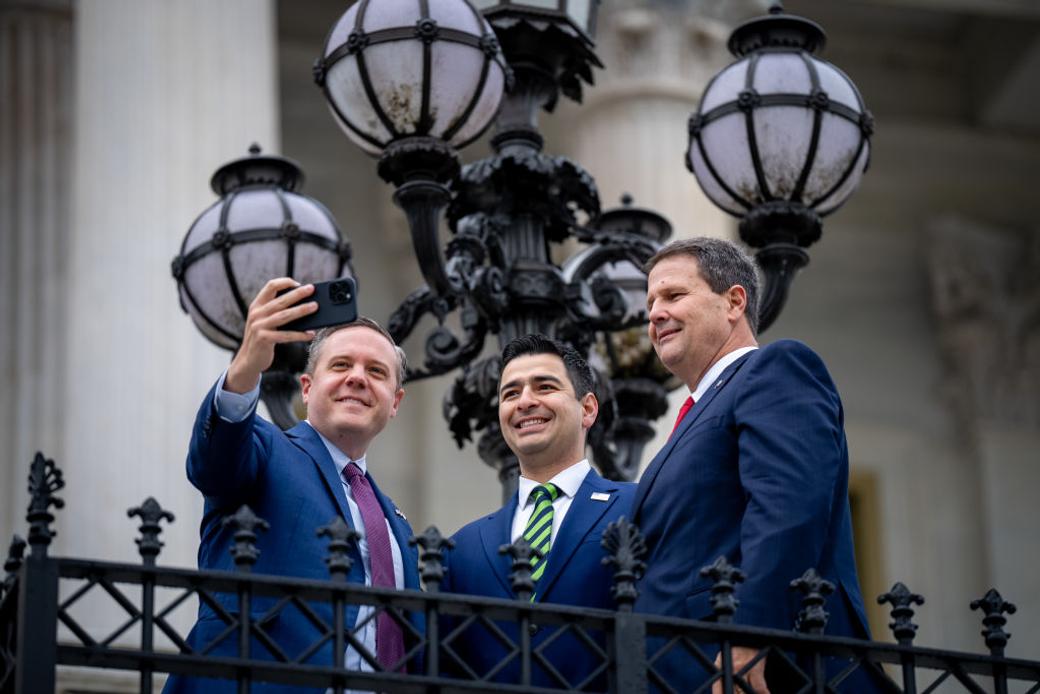 From left to right, Rep. Jeff Hurd (CD3) takes a selfie with Rep. Gabe Evans (CD8) and Rep. Jeff Crank (CD5) outside the U.S. Capitol in 2024. 