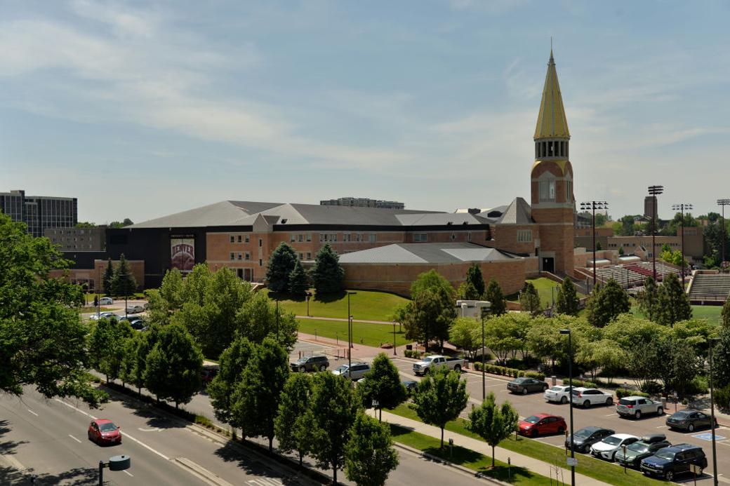 The University of Denver campus with cars and roads