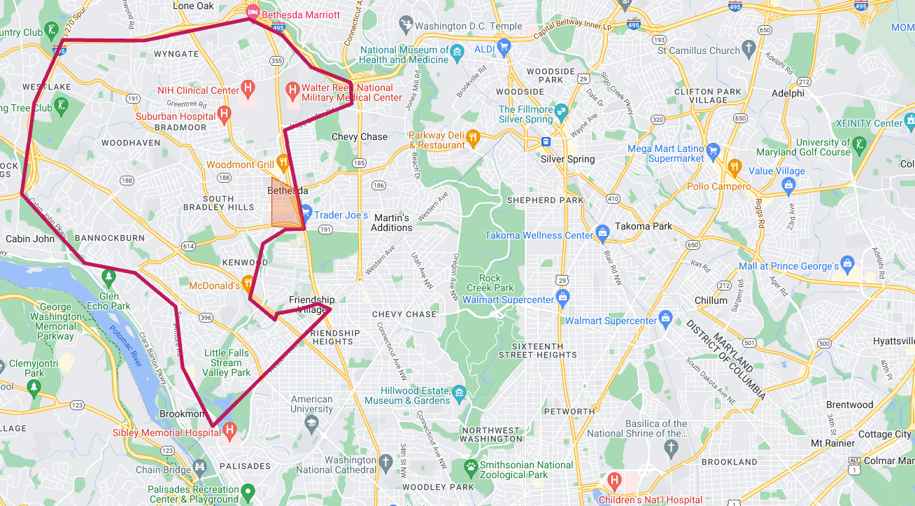 A map of Bethesda with the downtown area highlighted in red. (Google Maps)