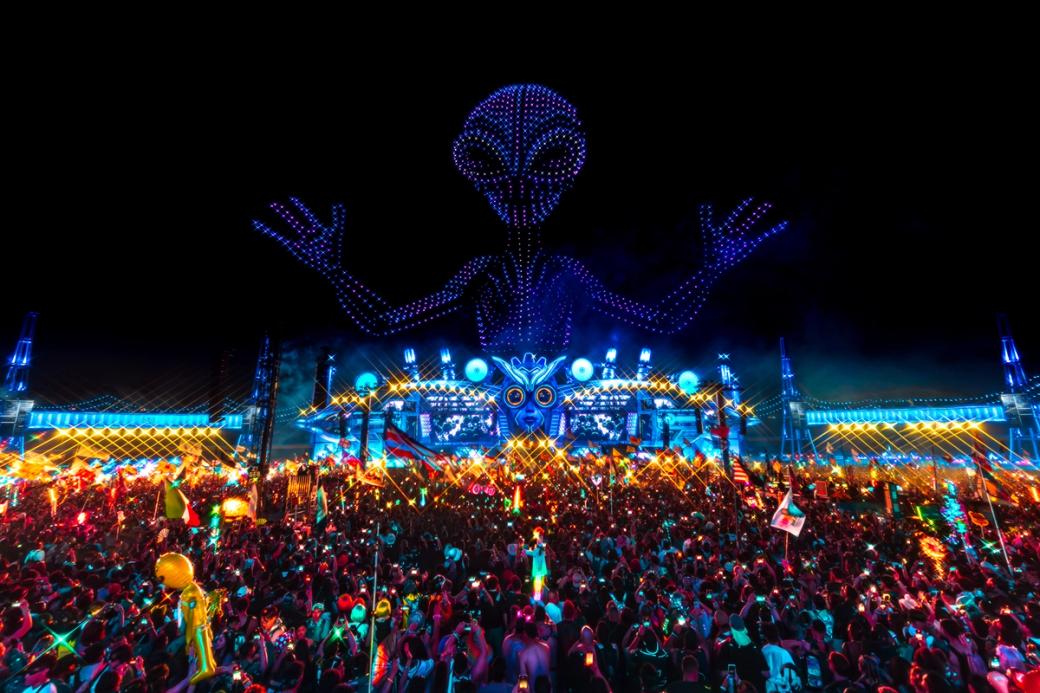 A stage and drone show at EDC>