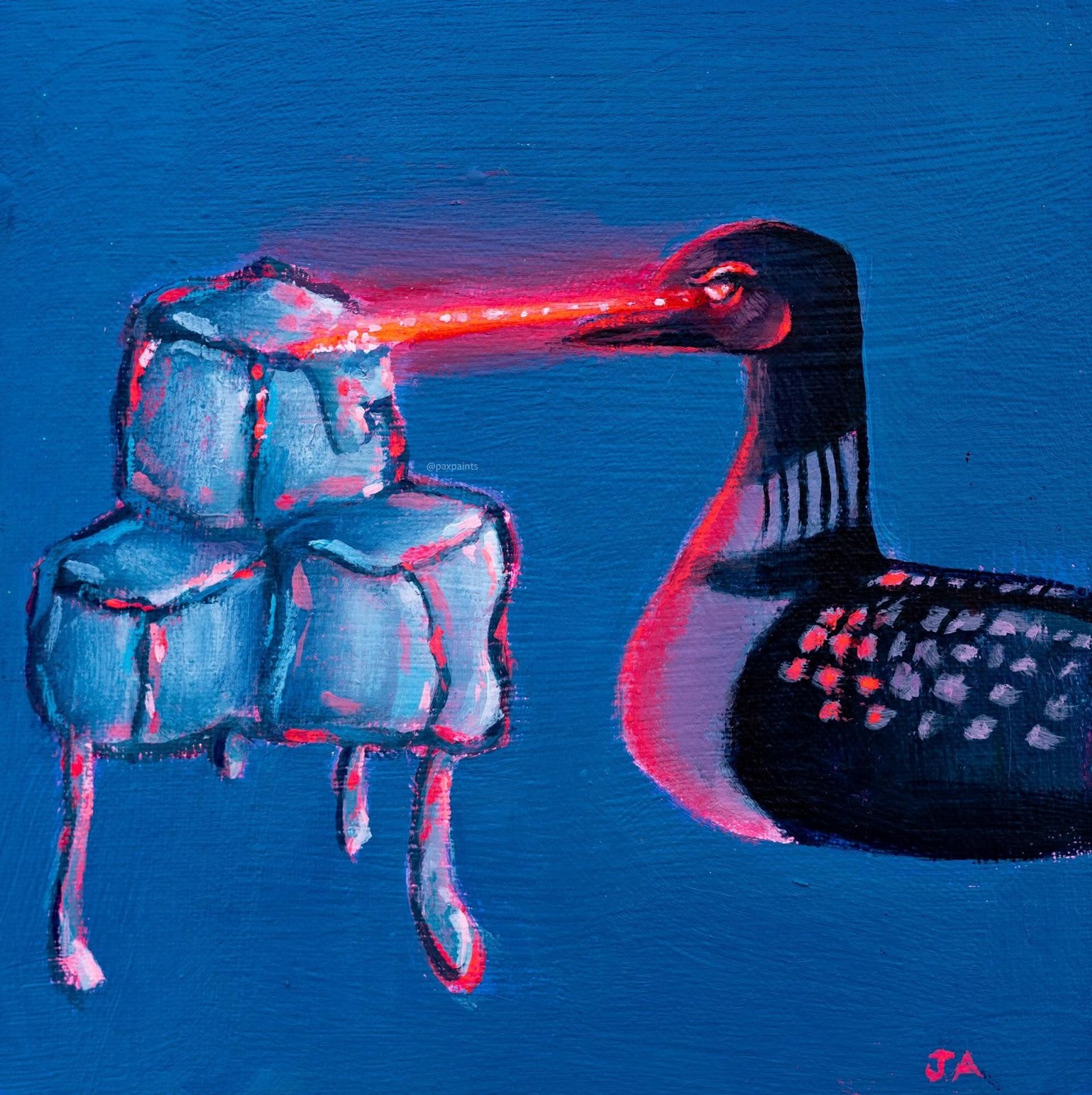 A painting where a duck shoots lazers out its eyes at ice cubes