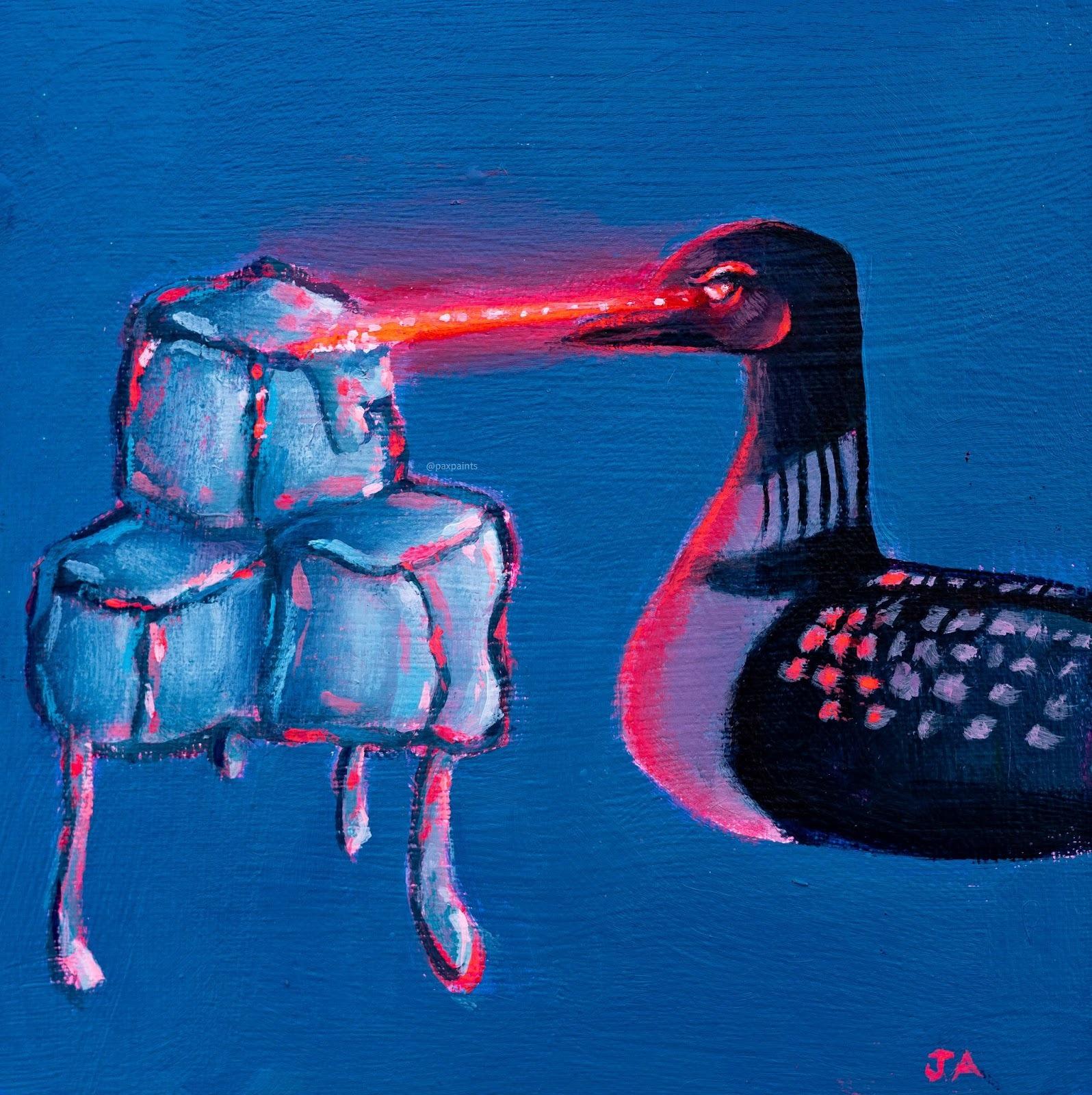 A painting where a duck shoots lazers out its eyes at ice cubes