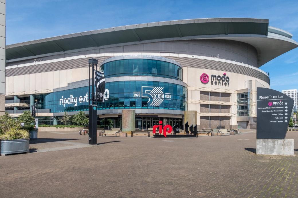Moda Center stadium with the sign “Rip City”