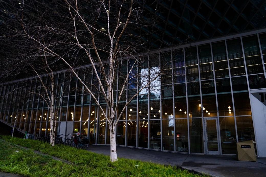 An image of the exterior of Seattle Central library with trees in front of its glass exterior