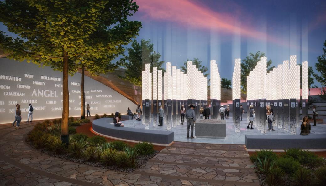 A mock-up design of a memorial with grey and red walls.