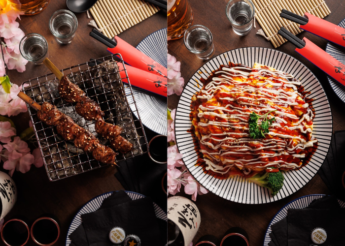 Two photos, one of meat skewers and the other of eggs covered in sauce.