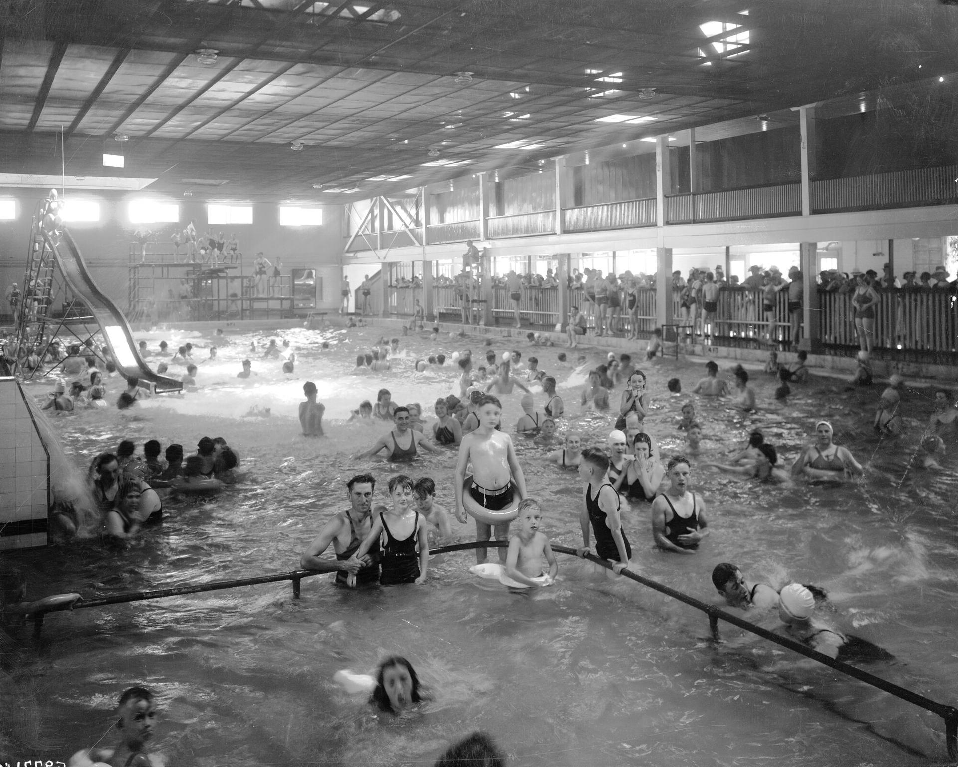 Visitors enjoy the indoor pool at Lakeside Amusement Park circa 1920-30.