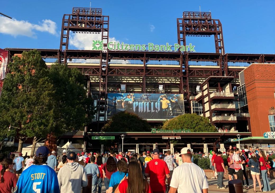 Fans enter Citizens Bank Park's third base gate.