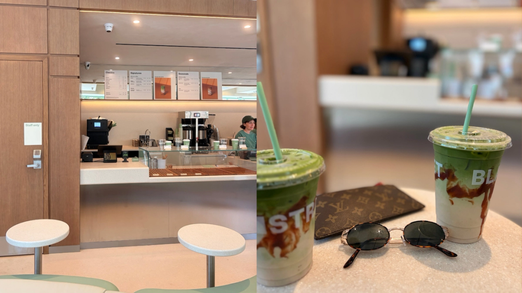 (Right) The interior of Blank Street, with a color palette of soft neutrals and light green; (Left) Two cups of strawberry shortcake matcha rest on a table with a pair of sun glasses and a wallet. 