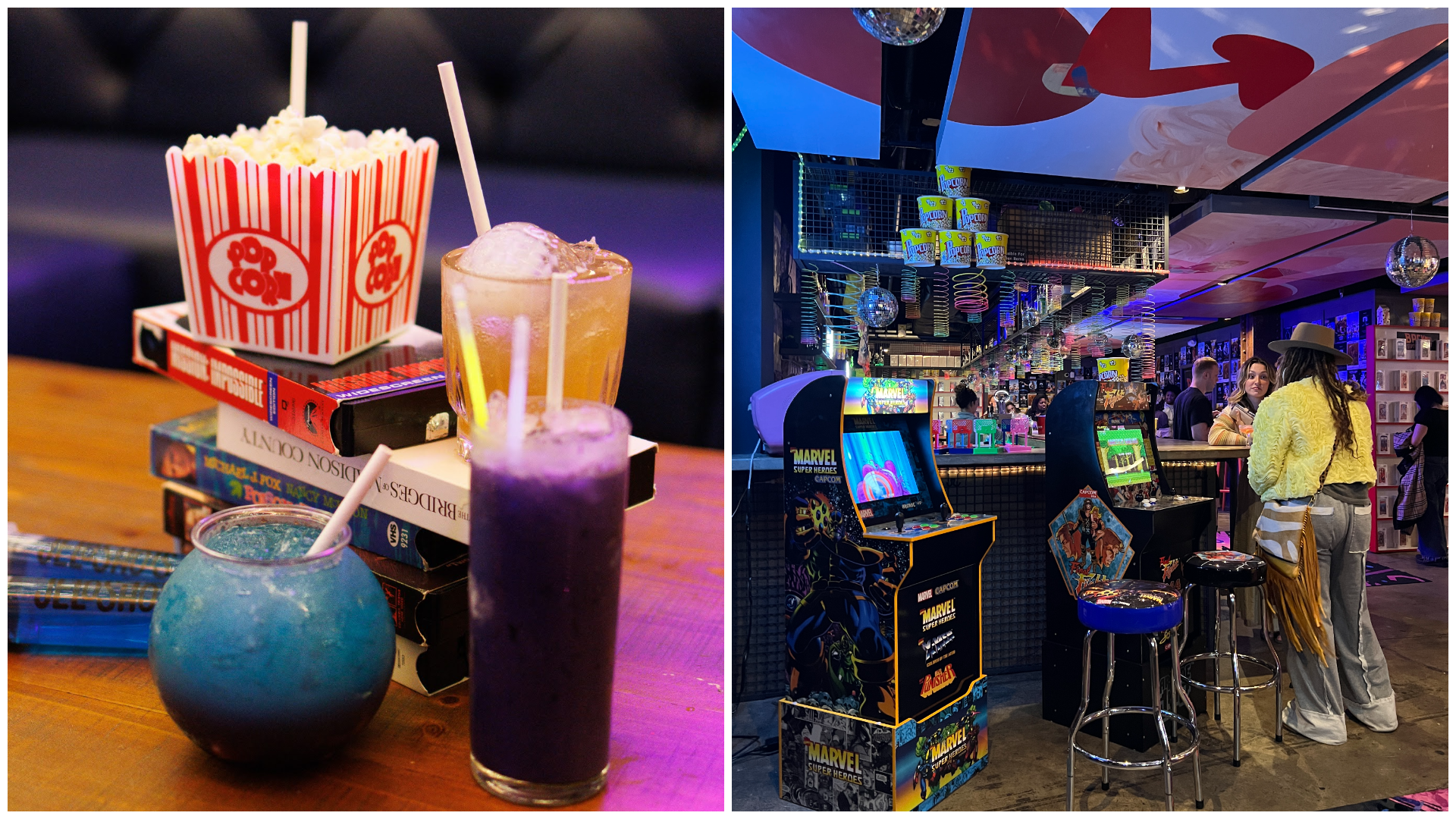 Drinks and patrons at a bar.