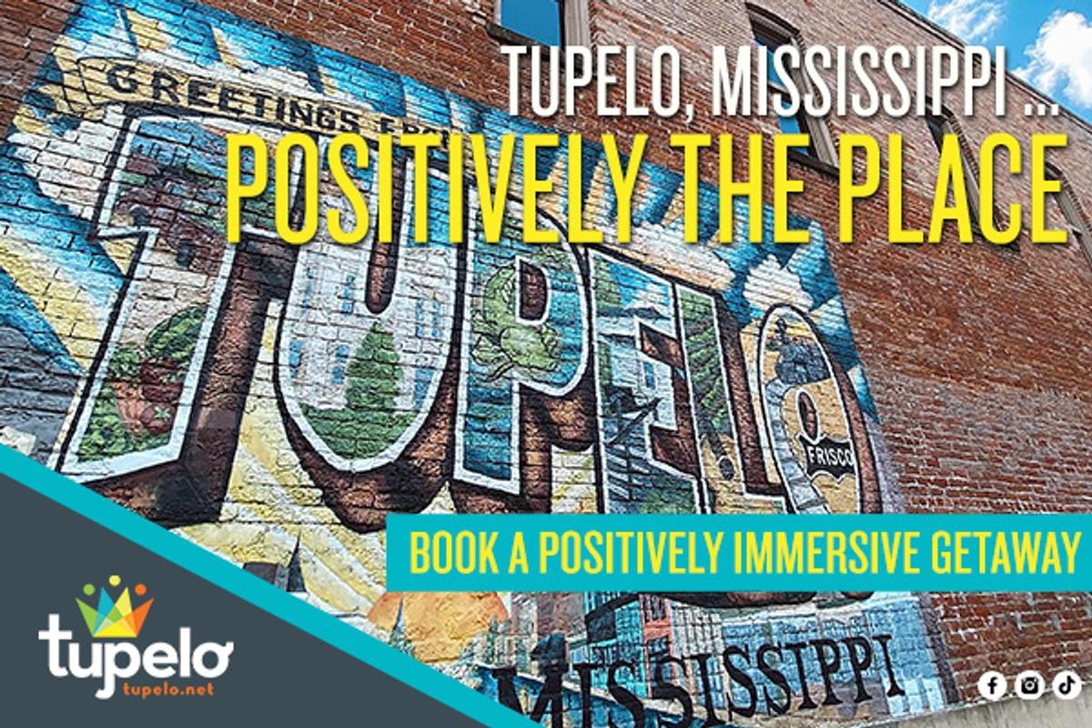 Display ad: A vibrant mural on a brick wall reads "Tupelo" with scenic elements. Text overlay promotes Tupelo, Mississippi, as an inviting travel destination.