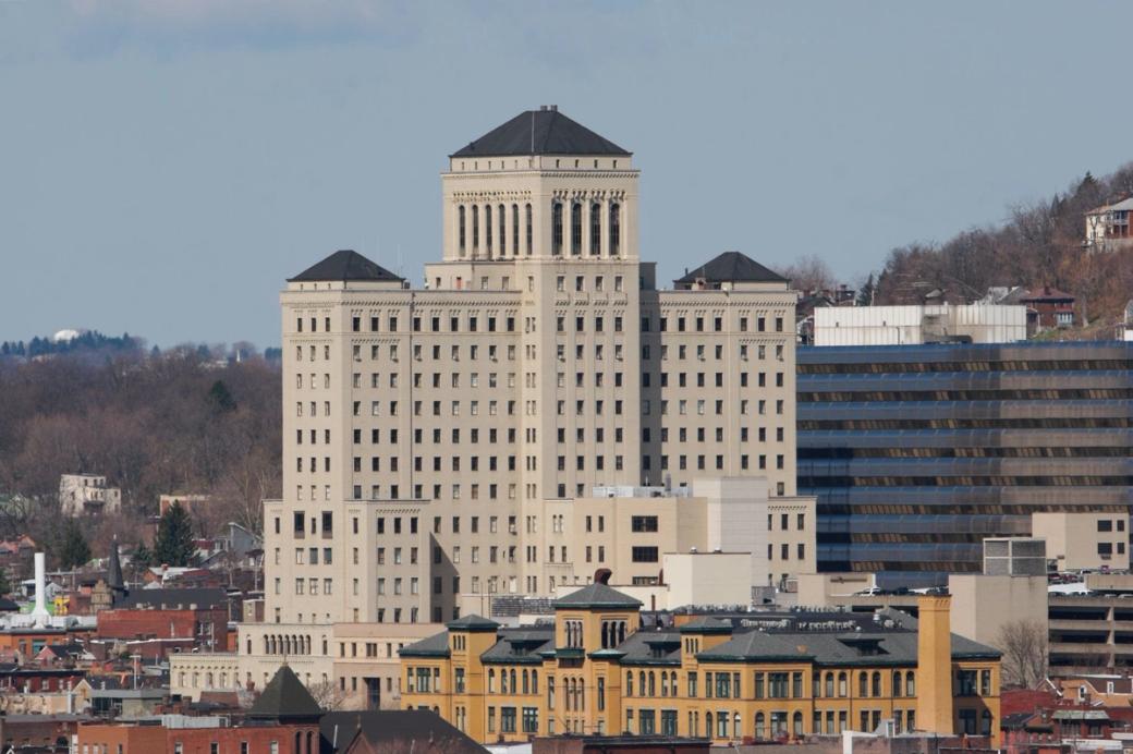 Allegheny General Hospital’s building is the tallest among other North Side businesses.