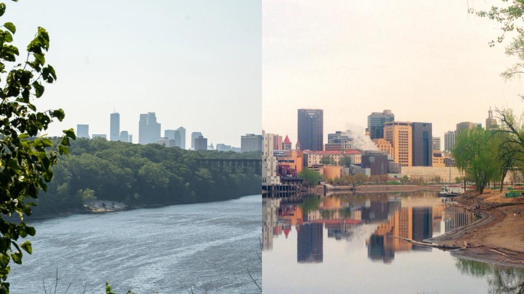 Diptych of two urban skylines with river in foreground