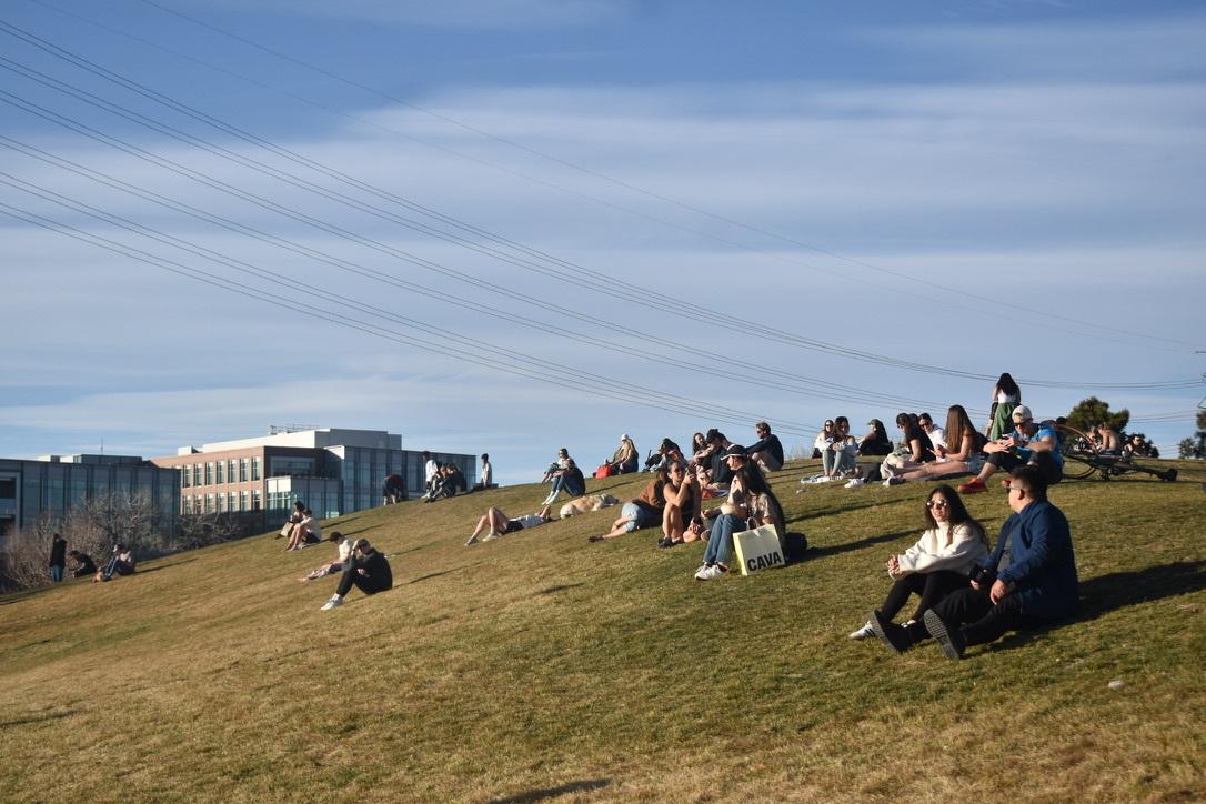 Denverites sit on a grassy hill in Commons Park