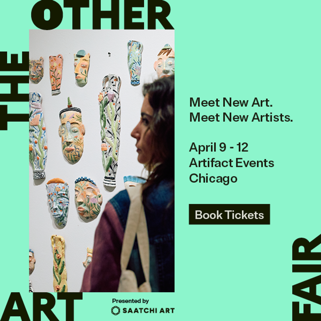 A woman looks at a wall display of colorful masks at The Other Art Fair event, April 9 - 12, and a "Book Tickets" button on a green background.
