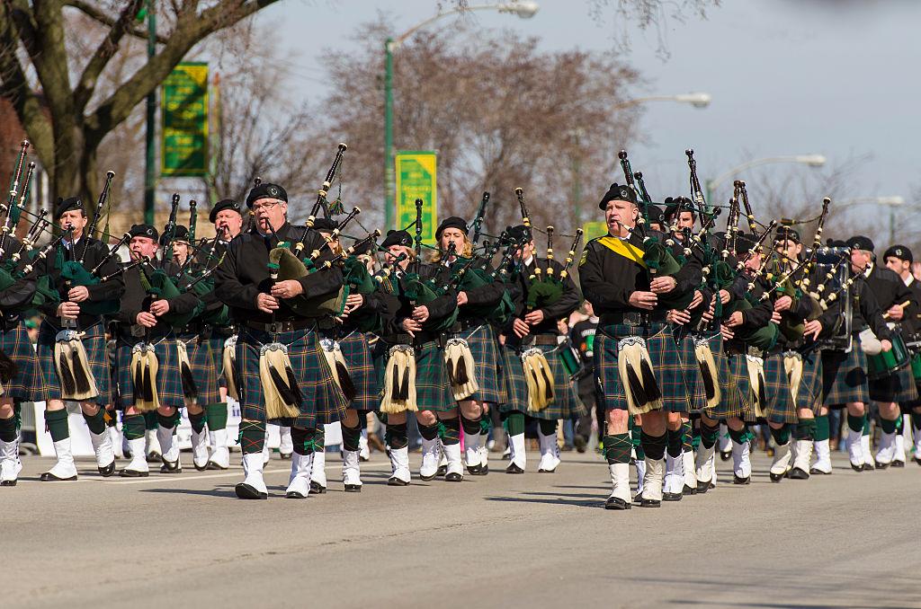 Bagpipe players march in the South Side Irish Parade in Beverly