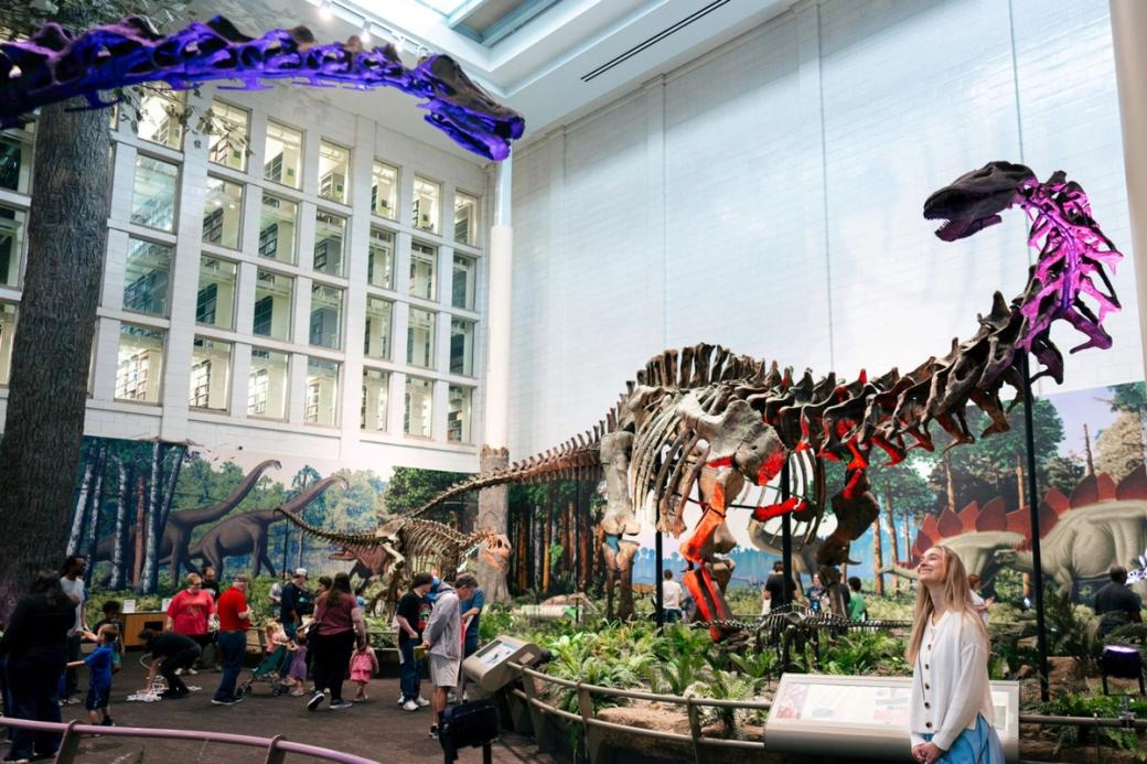 Dinosaur bone displays lit up by neon lights inside a crowded museum.