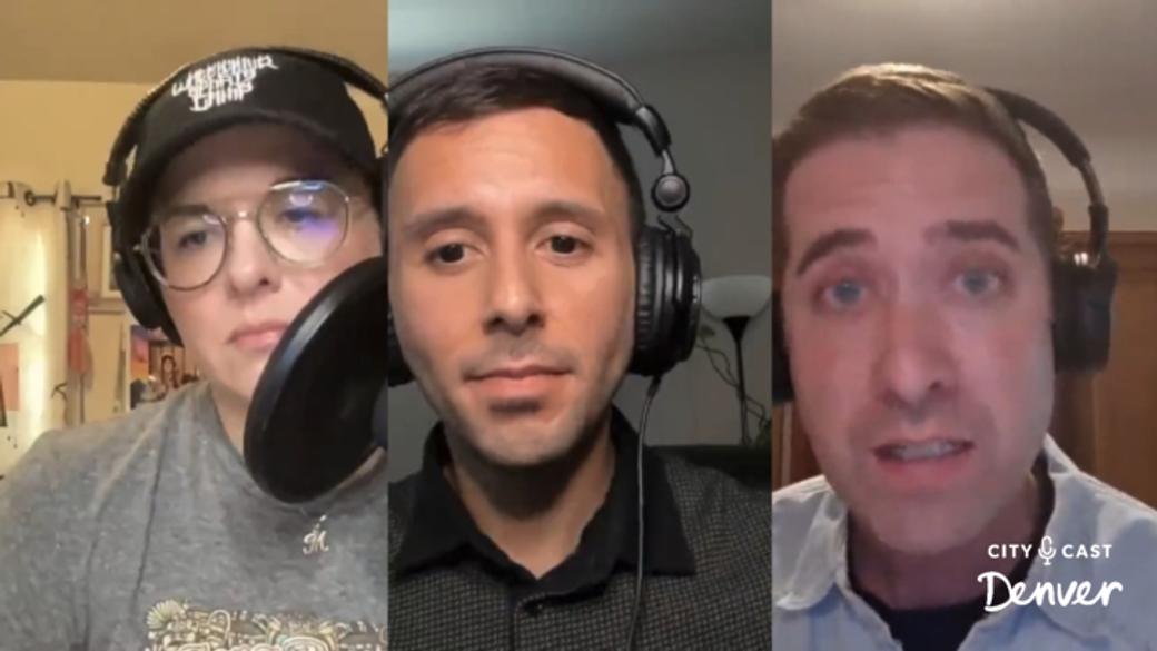 Alt text: A split-screen video call of three people wearing headphones, recording a podcast. The City Cast Denver logo is visible in the bottom right corner.