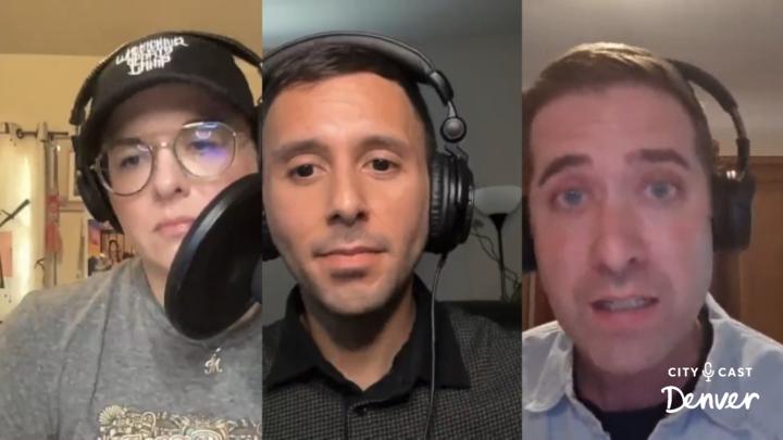 Alt text: A split-screen video call of three people wearing headphones, recording a podcast. The City Cast Denver logo is visible in the bottom right corner.