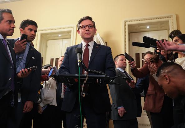 U.S. Speaker of the House Mike Johnson (R-LA) delivers remarks after the House passed the Republican's budget resolution on the spending bill which faced pushback for cuts to Medicaid on Feb. 25. (Kayla Bartkowski /Getty Images)