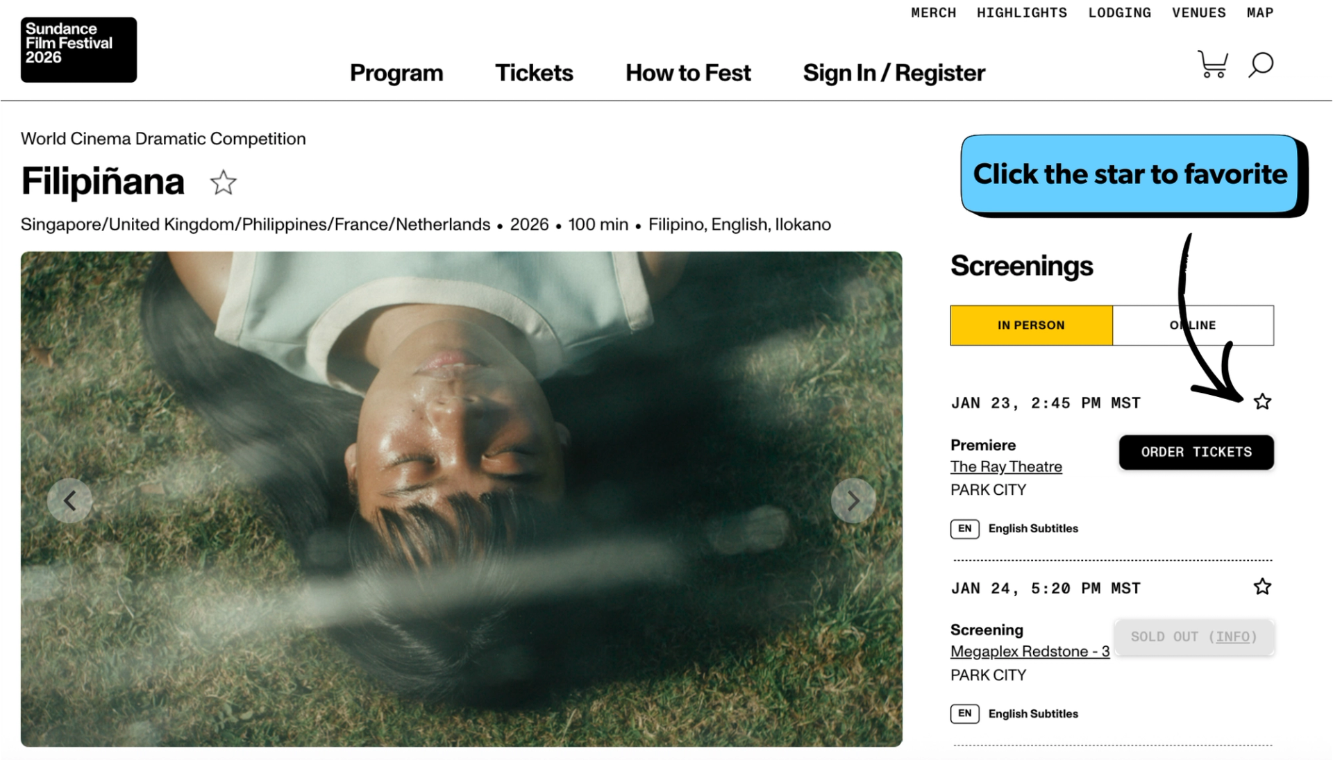 Screenshot of Sundance film page showing how to favorite.
