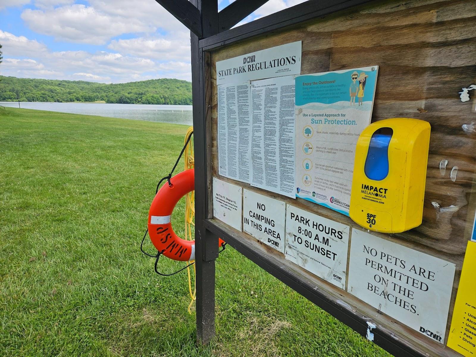 A new sunscreen dispenser on Lake Arthur in Moraine State Park. (Photo courtesy of PA DCNR)
