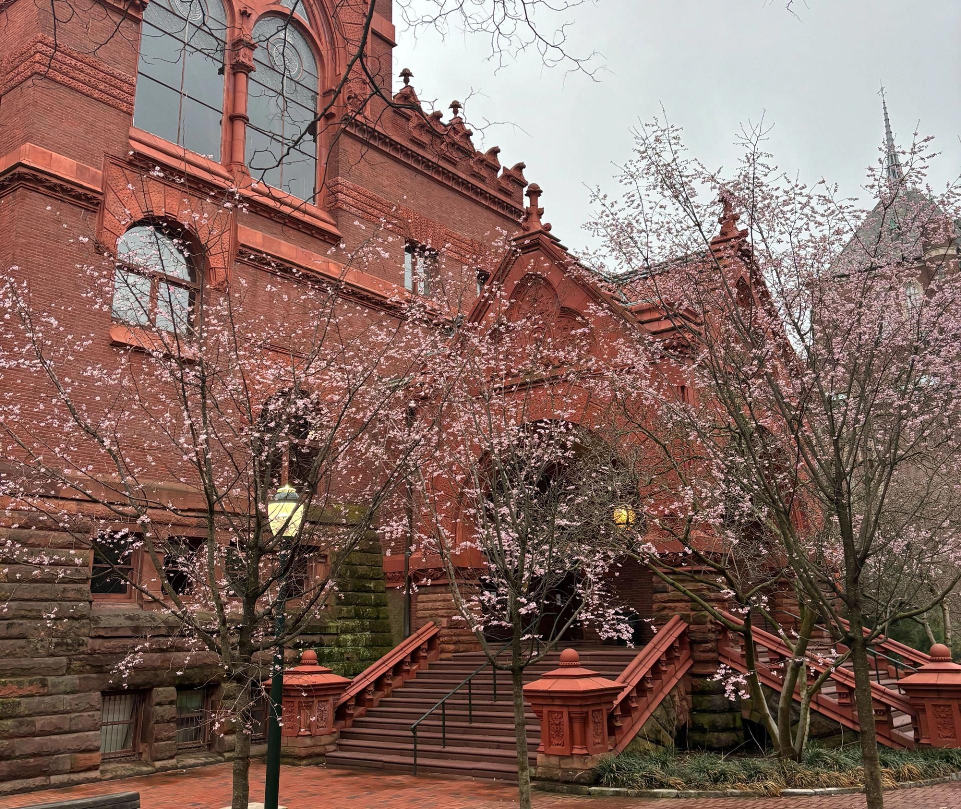 The red-brick, Gothic-style Fisher Fine Arts Library on Penn's campus.