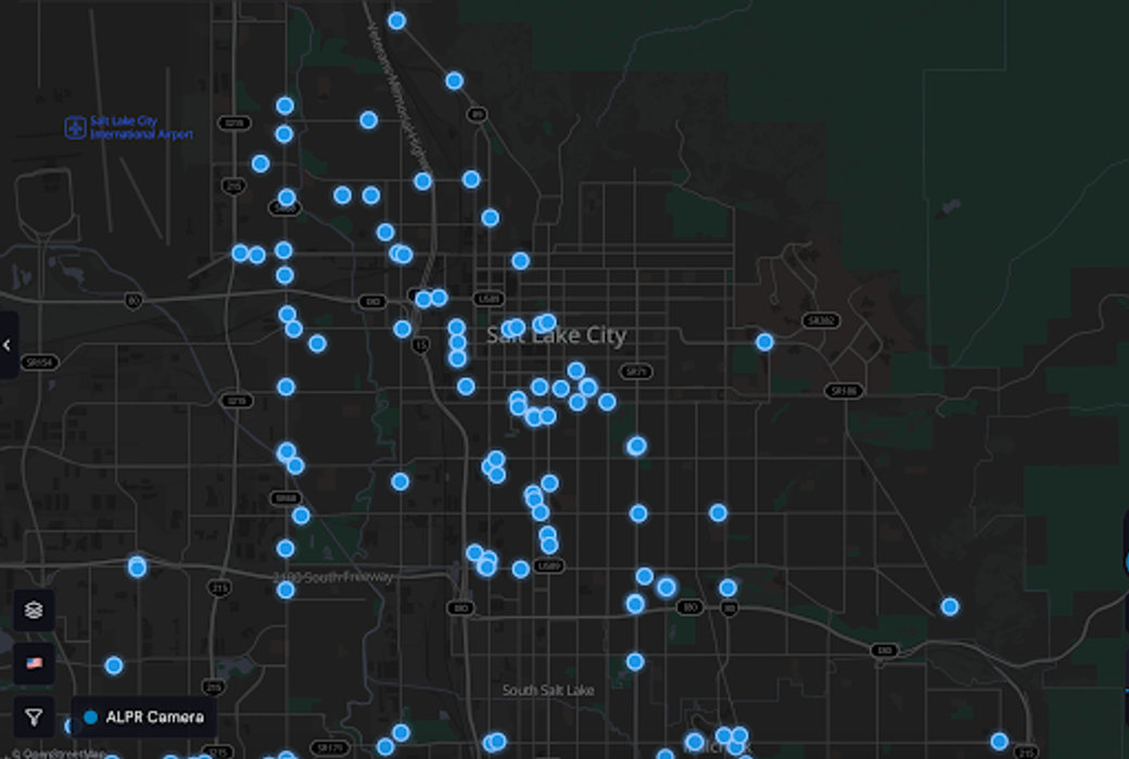 A screenshot of a map of Salt Lake and where license plate readers are located in the county. 