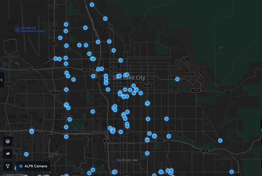 A screenshot of a map of Salt Lake and where license plate readers are located in the county.