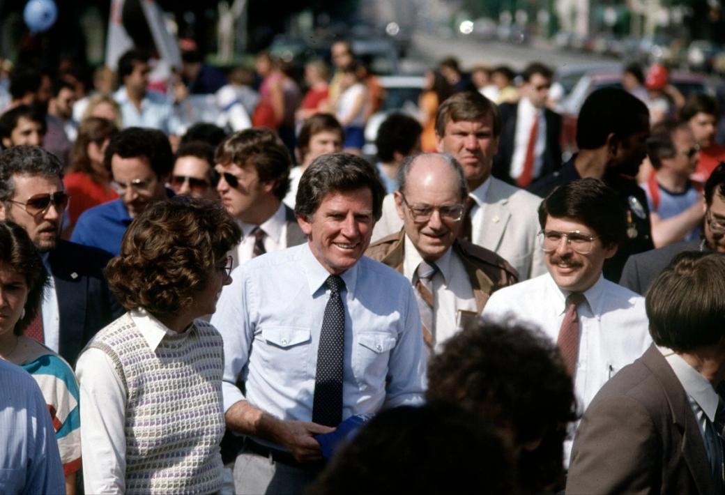This photograph from 1987 captures the few month period when it looked likely that a Coloradan could be elected president — the man in blue is former two-term Senator Gary Hart. (Bob Riha / Getty Images)