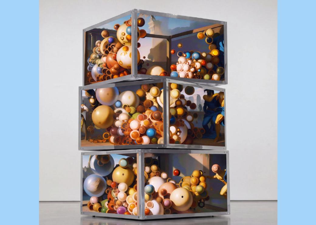 An AI-generated image of multi-colored orbs in clear, stacked boxes.