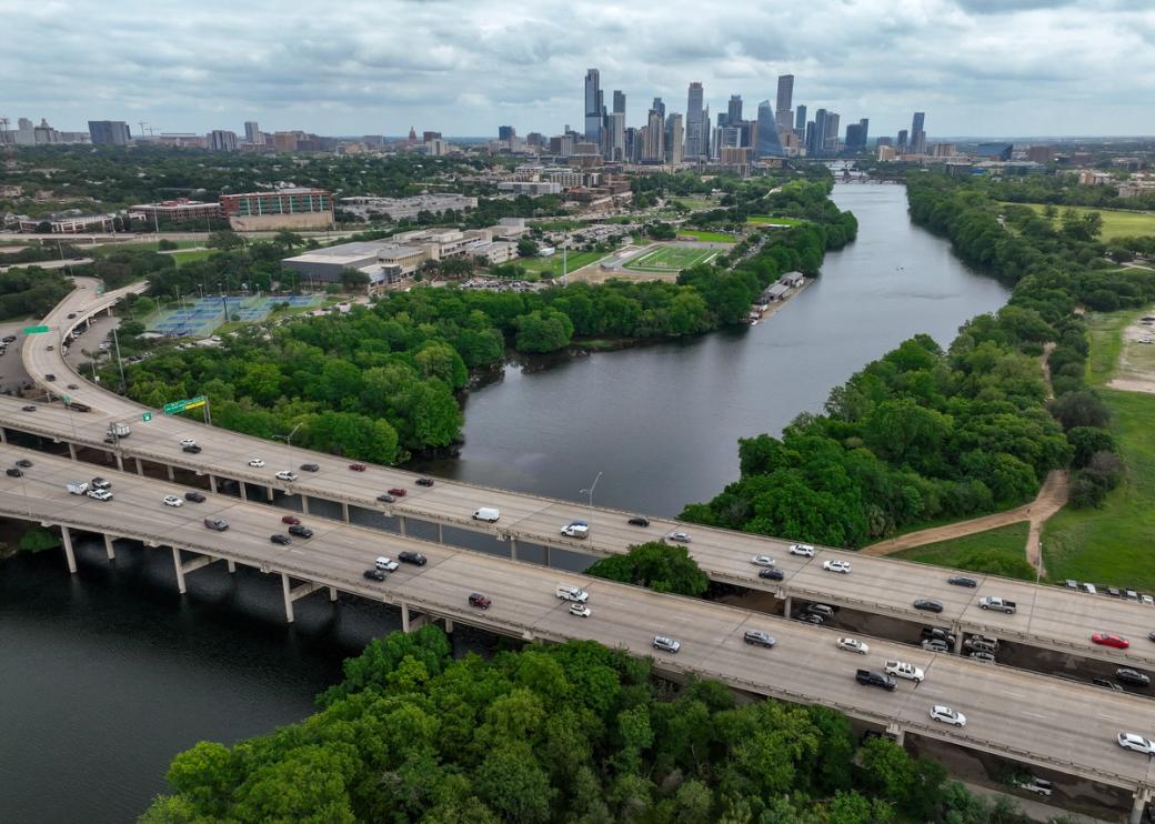 An aerial shot of the The MoPac Expressway, which crosses over Lady Bird Lake next to Austin High and Zilker Park in Austin.