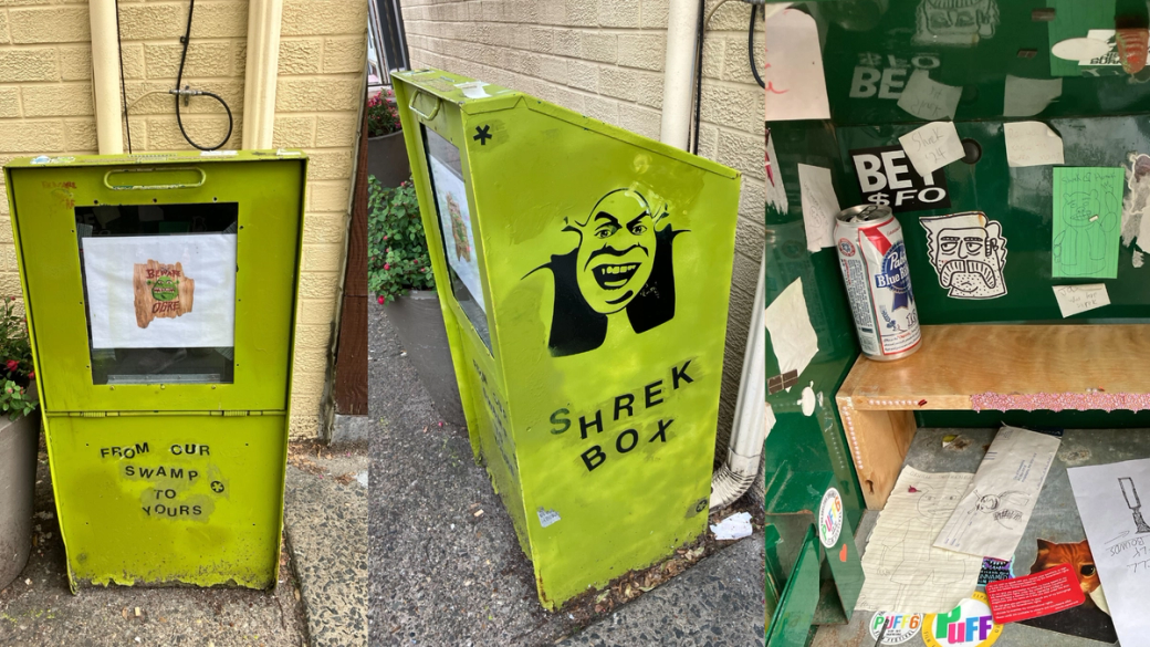 Green box decorated with Shrek