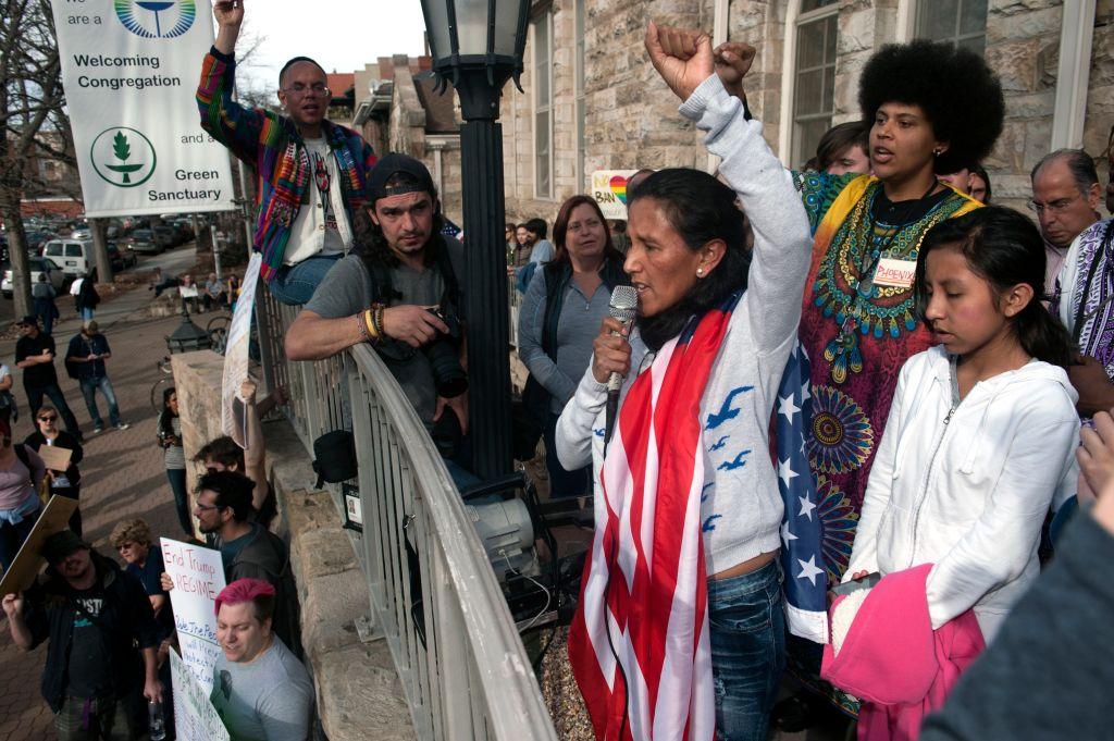 Jeanette Vizguerra addresses supporters gathered outside the First Unitarian Church in Denver, Colorado on February 18, 2017.