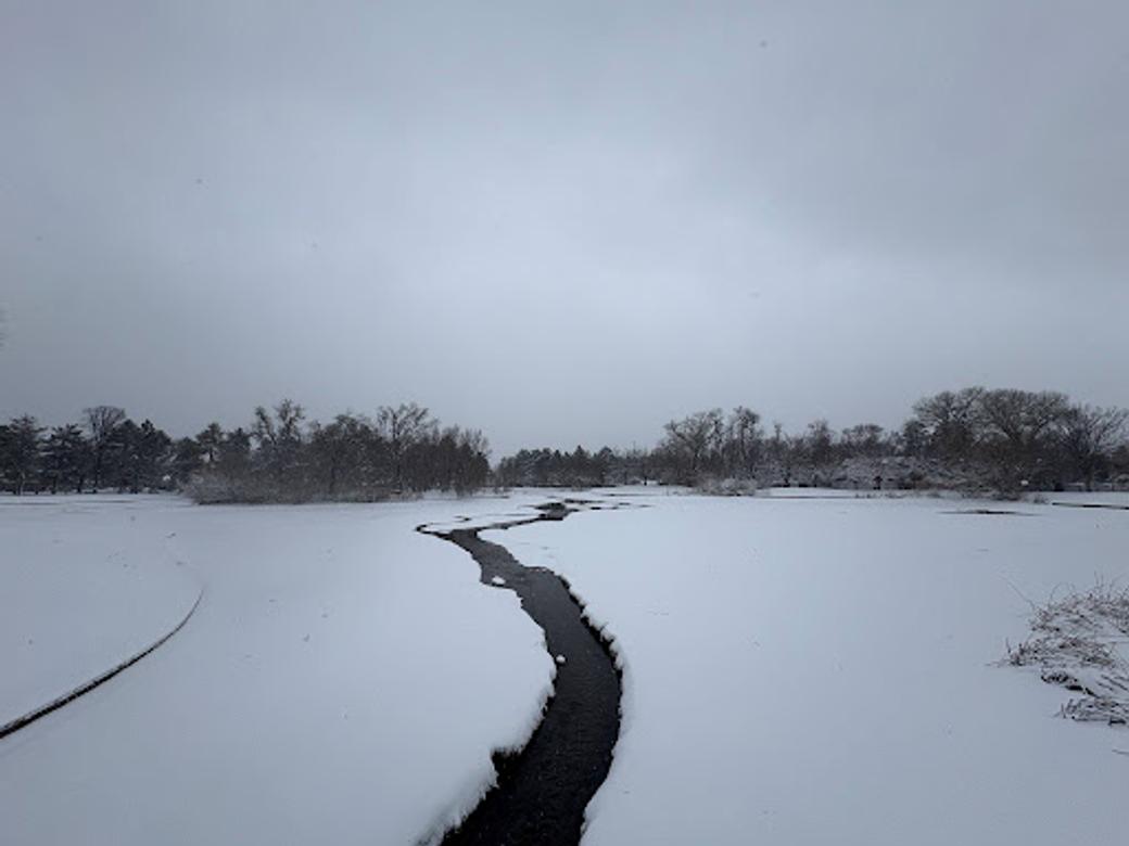  A park filled with snow and a small stream of water cutting through the middle. 