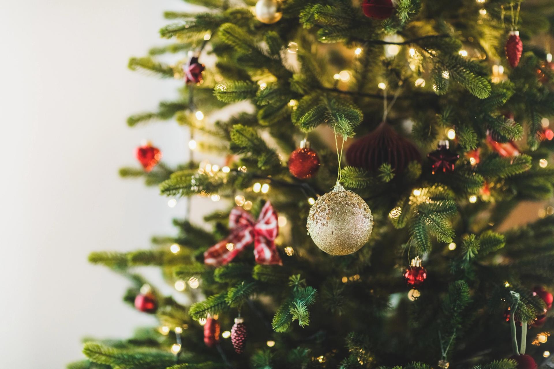 Christmas tree with red-and-white decorations and white lights