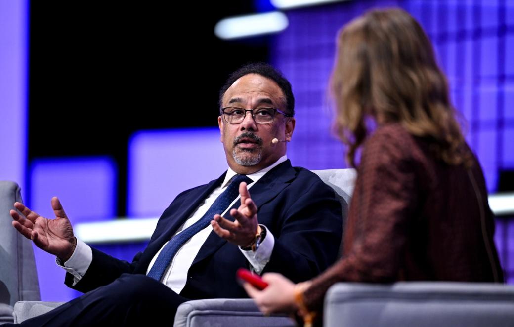 Rajeeb Hazra, CEO of Colorado-based Quantinuum, speaks on stage in February 2026. 