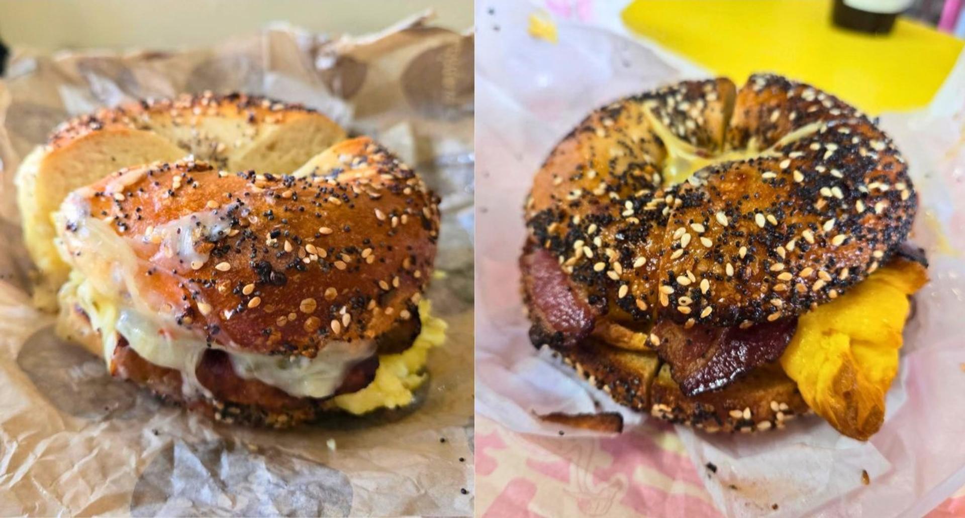 A split image of two bacon egg and cheese bagel sandwiches