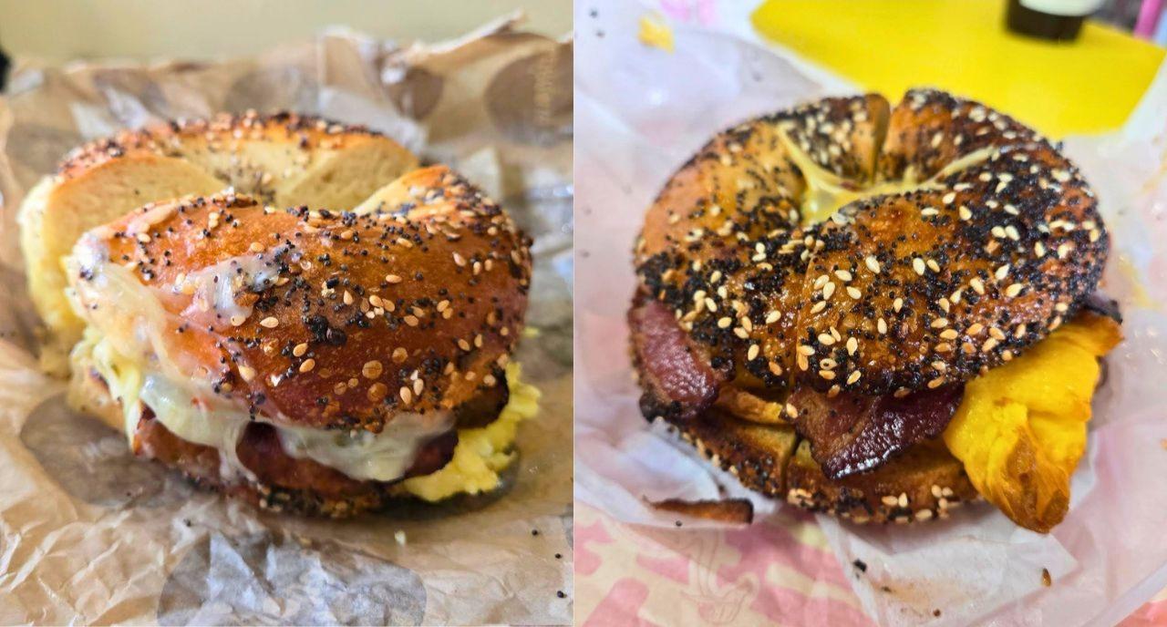 A split image of two bacon egg and cheese bagel sandwiches