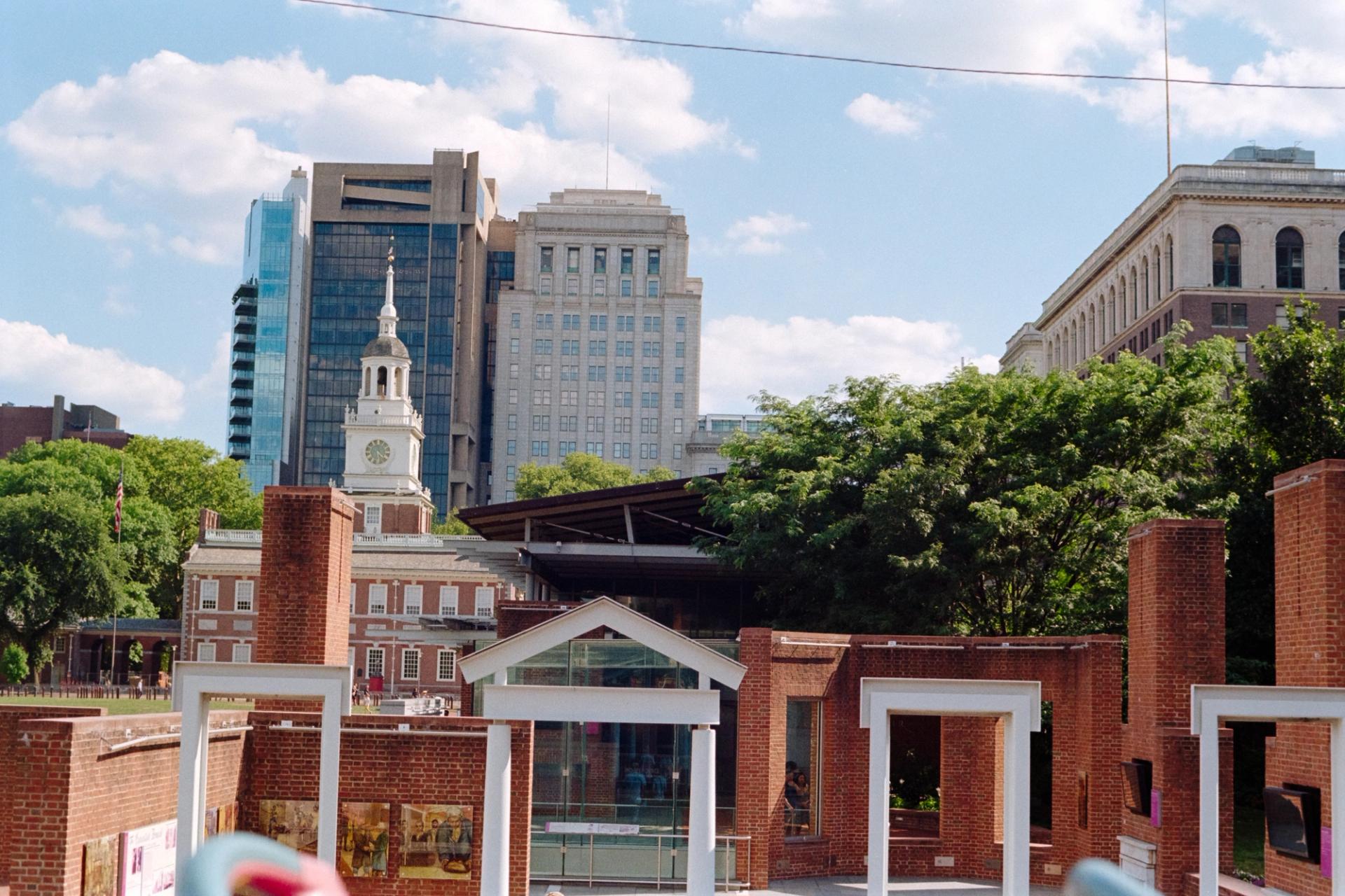The President's House in the foreground, Independence Hall in the background.