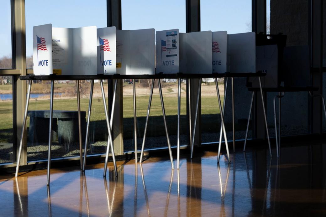 Ballot booths soak up morning sunshine during the spring election at Warner Park Community Recreation Center.